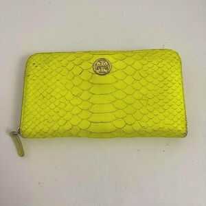 Tory Burch neon Yellow Continental Wallet with Snake Texture